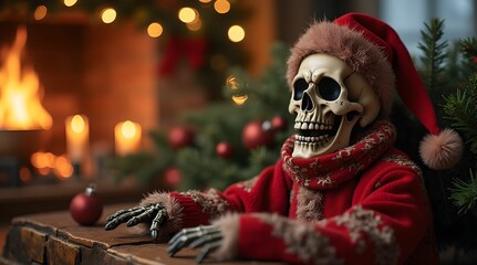 Horror themed Christmas decor with funny skull skeleton and festive New Year decorations