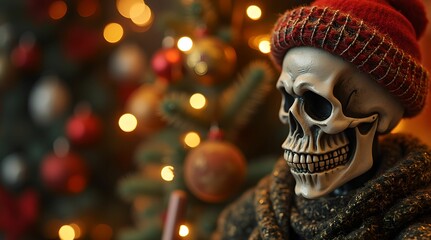 Horror themed Christmas decor with funny skull skeleton and festive New Year decorations