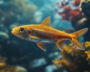 Naklejka premium Genetically Engineered Glowing Fish Swimming in Clear Blue Waters Representing Sustainable Aquaculture and Food Production Advances