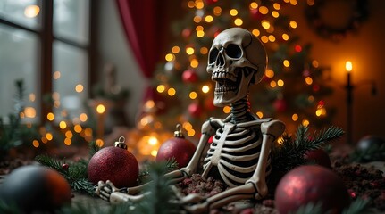 Horror themed Christmas decor with funny skull skeleton and festive New Year decorations