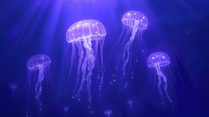 Enchanting bioluminescent jellyfish gracefully drift in a deep blue ocean.  Perfect for screensavers, wallpapers, or marine-themed designs.