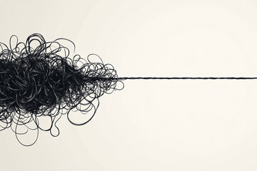 raffled wire a tangled rope or cord slowly untangles colorful string in plain white background copy space for text confusing resolving clearance of mind