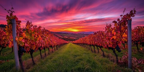 A stunning sunset over vibrant vineyards. The sky is painted in hues of pink and purple. Rows of grapevines stretch into the distance creating a peaceful scene. Perfect for nature lovers. AI