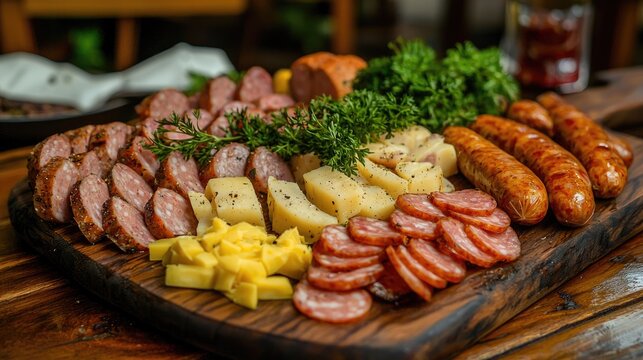 a wooden board served with different types of thinly sliced sausages, zenithal view, made of wood, no block cheese, no vegetables, no slice cheese