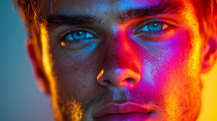 Close-up of young man's face with multicolored lighting effects