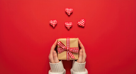 First person top view photo of Valentine's Day decorations of female hands holding kraft paper gift box with checkered ribbon bow and heart on isolated red background with empty space. 