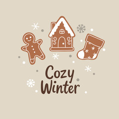 A cozy winter print vector with cartoon winter gingerbread cookies 