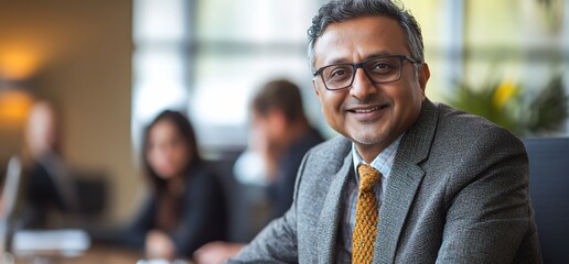 Confident businessman smiling in a modern office setting with colleagues in the background.