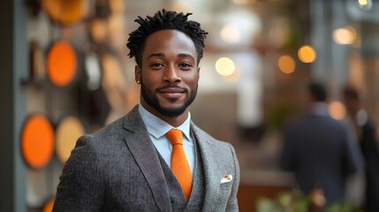 A man wearing a suit and tie with an orange tie