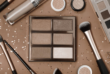 Flat lay of Makeup cosmetic product on background. New trending colour of the 2025 year 
