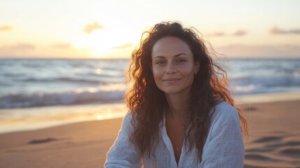 Contemplative Woman Sitting Cross Legged on Beach at Sunset