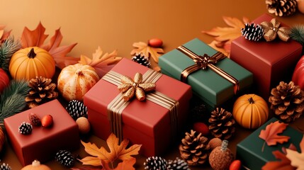 Autumnal Thanksgiving Gift Boxes with Pumpkins and Pine Cones