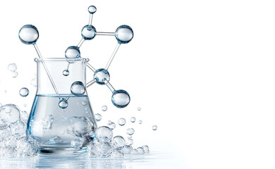 3D Chemical Bond Structure with Blue Crystal and Laboratory Flask for Educational Illustration.