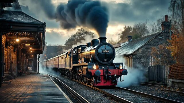 A vintage steam train arriving at a scenic station, emitting smoke against a dramatic sky.