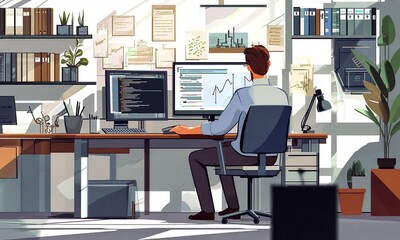 Programmer working at a modern, organized desk with dual monitors displaying code and charts.