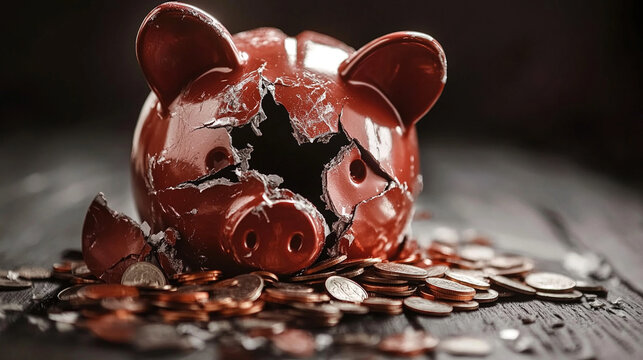 Broken piggy bank with coins scattered around, symbolizing financial struggle and the need for careful budgeting and saving.