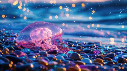 At night, there are colorful pebbles on the beach, with a few pieces of colored glass sandwiched in between. Fireflies dance in the air, and a huge 