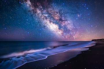 Naklejka premium Stunning banner of a starry night sky, featuring the Milky Way in vibrant colors. Perfect for social media covers or screensavers, showcasing a high-resolution celestial landscape.