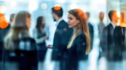 A softly blurred networking event featuring business professionals in formal attire, mingling and conversing in a modern venue with warm lighting, creating a vibrant yet professional atmosphere