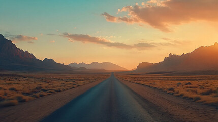 Fototapeta premium empty road in desert with cloudy sky long road reaches out to horizon dirt road