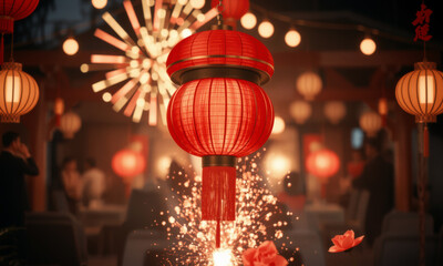vibrant red lantern illuminates festive scene, surrounded by glowing lights and celebratory decorations, capturing essence of Lunar New Year celebrations
