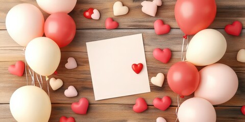 Obraz premium Charming Flat Lay Showcasing Various Shades of Pink Balloons and Hearts on a Wooden Table With a Blank Card for Celebrations
