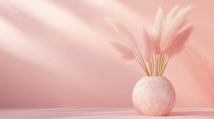 Pastel pink aesthetic still life with decorative pampas grass in a marble vase. Sunlight casts shadows on a soft pink background.