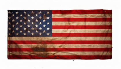 Old dirty American flag on isolated white background.