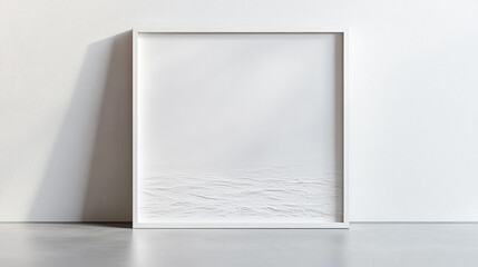 Large white frame sits on a wooden floor in a room with a window. The frame is empty, and the room is bright and airy. The empty frame suggests a sense of potential or possibility