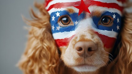 Adorable dog with patriotic face painting showcasing red, white, and blue colors in celebration of national pride and festive spirit, perfect for July Fourth or Independence Day events.