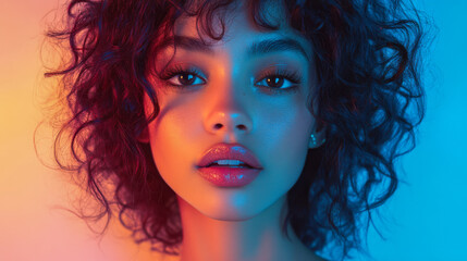 Fototapeta premium Portrait of a woman with curly hair in vibrant lighting