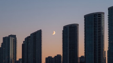Fototapeta premium The quiet skyline of tall buildings, their windows dimly glowing under the soft light of a New Years moon.