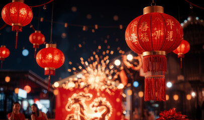 Festive red lanterns illuminate vibrant celebration, symbolizing joy and prosperity during Lunar New Year. background features fireworks and traditional decorations