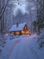Snow-covered log cabin in winter forest with warm glowing windows, cozy rustic retreat, peaceful holiday setting, serene snowy landscape, charming seasonal atmosphere