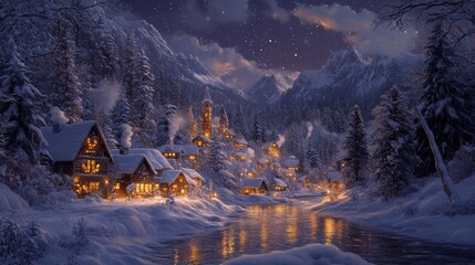 Enchanting snowy village under a starry winter sky, warm glowing lights, festive holiday celebration, cozy cottages, peaceful mountain landscape, magical seasonal charm