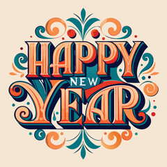 Happy New Year with Ornamental Design in Teal and Orange.