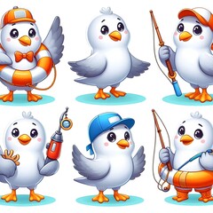 Fototapeta premium Cute playful seagull cartoon characters in different poses. White seabird with purple wings wearing yellow life ring, fishing with rod, dressed in orange .. (4)_Nero AI_Photo