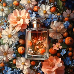 A bottle of perfume is surrounded by flowers