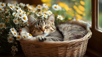 Tabby Cat in a Basket