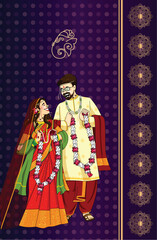 Indian wedding invitation card with character of indian groom and bride