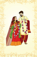Indian wedding invitation card with character of indian groom and bride