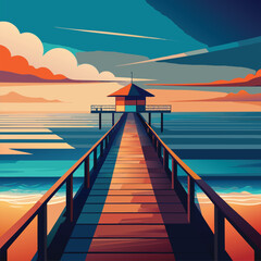 Obraz premium A wooden pier extends towards a small house on stilts over the ocean.