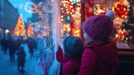 Children admiring glowing snowflake decorations on window, festive Christmas lights, winter holiday ambiance, colorful city bokeh, cozy seasonal scene, joyful wonder