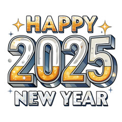 Happy 2025 New Year in Gold and Silver 3D Text