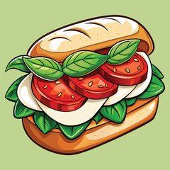 A delicious sandwich with tomato. mozzarella. and basil.