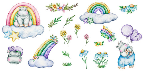 Fototapeta premium Hand painted watercolour set elements «Dreamy Hippo Garden: a celestial elements Collection»