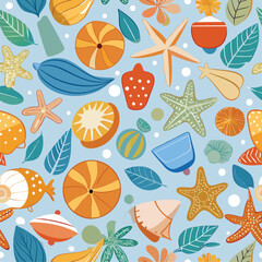 Seamless Summer Pattern with Starfish. Seashells. and Leaves.