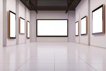 retail and customers concept. Electronics retail store with digital signage and interactive displays, high-tech feel, 3D illustration