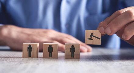 Human figures with a judge gavel. Human rights law