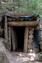 Military underground bunker camouflaged by logs and moss among the forest